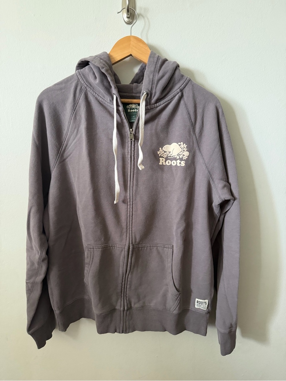 Roots Charcoal Gray Zip Hoodie with White Logo Tag